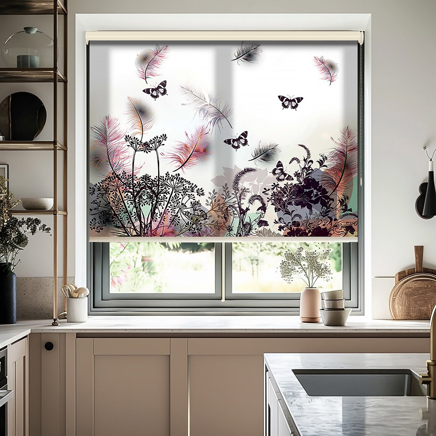 Kelebekler ve Çiçekler Baskılı Stor Perde - Baskılı Güneşlik Perdesi - Salon Perdesi - AD HOME Tekstil