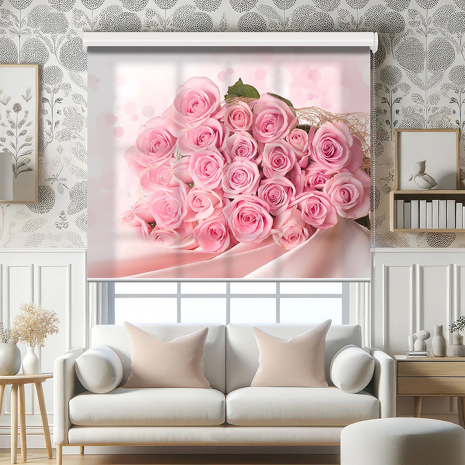 Pembe Güller Baskılı Stor Perde - Baskılı Güneşlik Perdesi - Mutfak Perdesi - AD HOME Tekstil