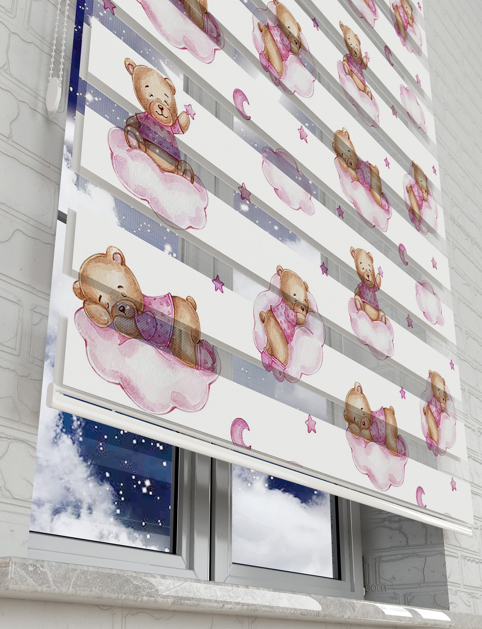 Pembe Bulutlar ve Ayıcık Baskılı Zebra Perde - Bebek Odası Perdesi - AD HOME Tekstil