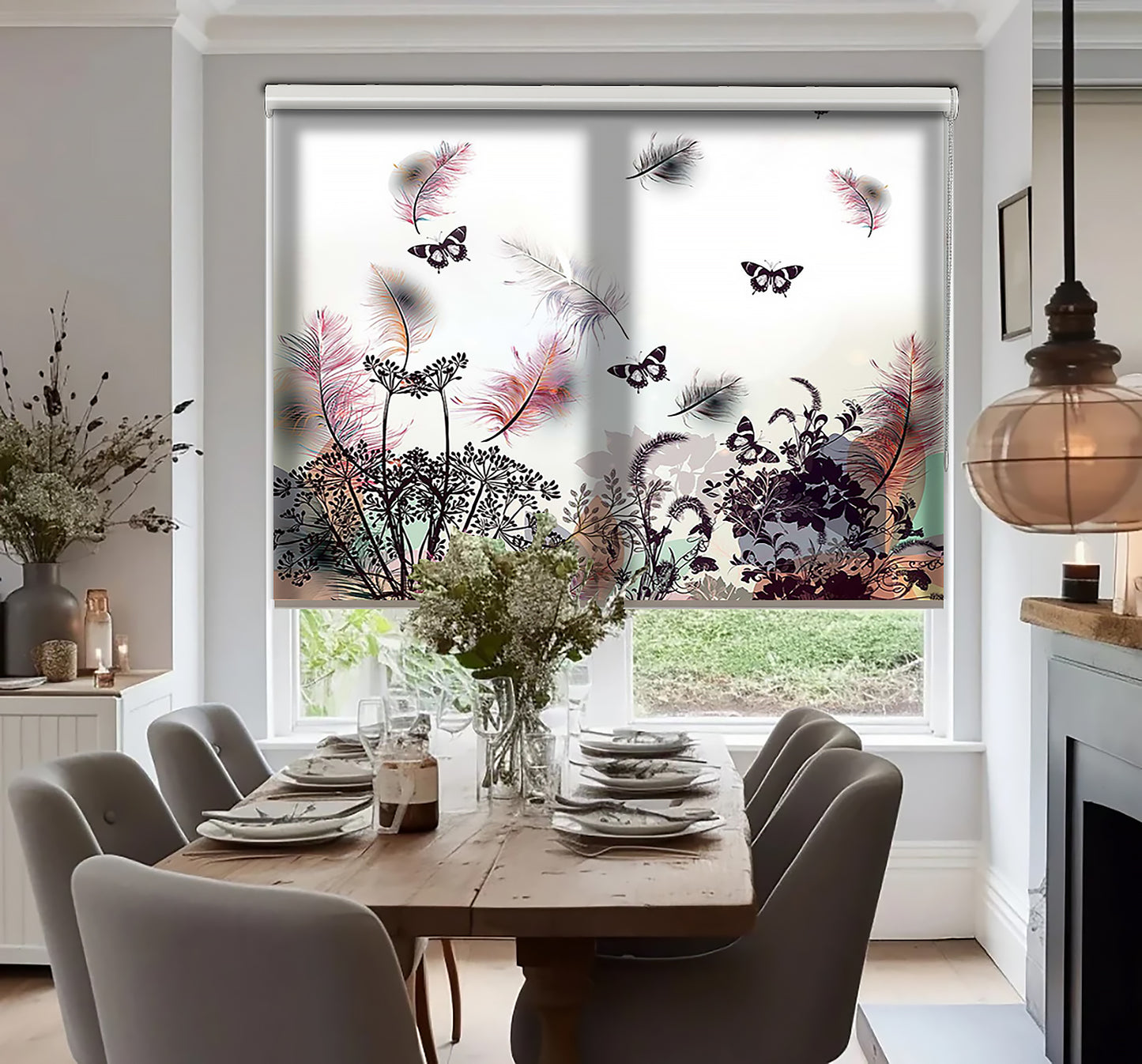 Kelebekler ve Çiçekler Baskılı Stor Perde - Baskılı Güneşlik Perdesi - Salon Perdesi - AD HOME Tekstil