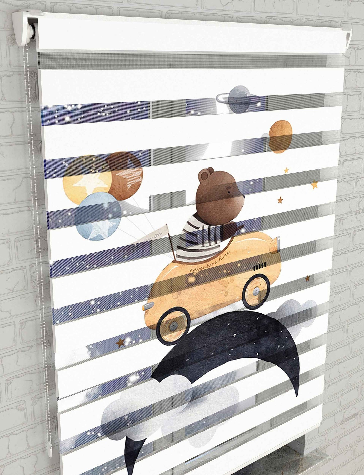 Sevimli Ayıcık Baskılı Zebra Perde - Bebek Odası Perdesi, Erkek Çocuk Odası Perdesi - AD HOME Tekstil