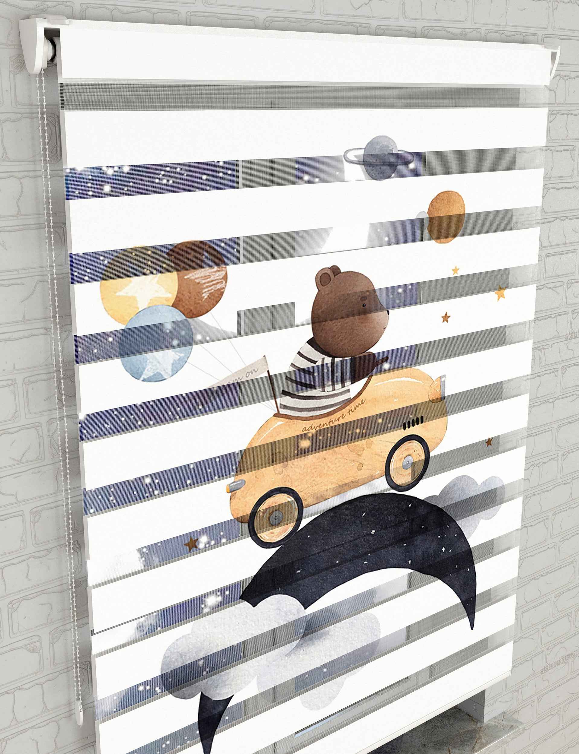 Sevimli Ayıcık Baskılı Zebra Perde - Bebek Odası Perdesi, Erkek Çocuk Odası Perdesi - AD HOME Tekstil