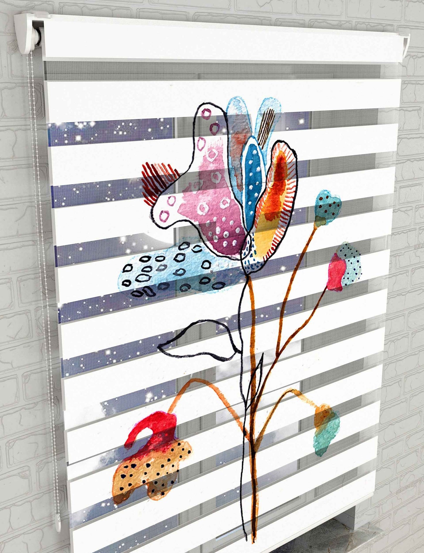 Suluboya Çiçekler Baskılı Zebra Perde - Salon Perdesi, Mutfak Perdesi - AD HOME Tekstil
