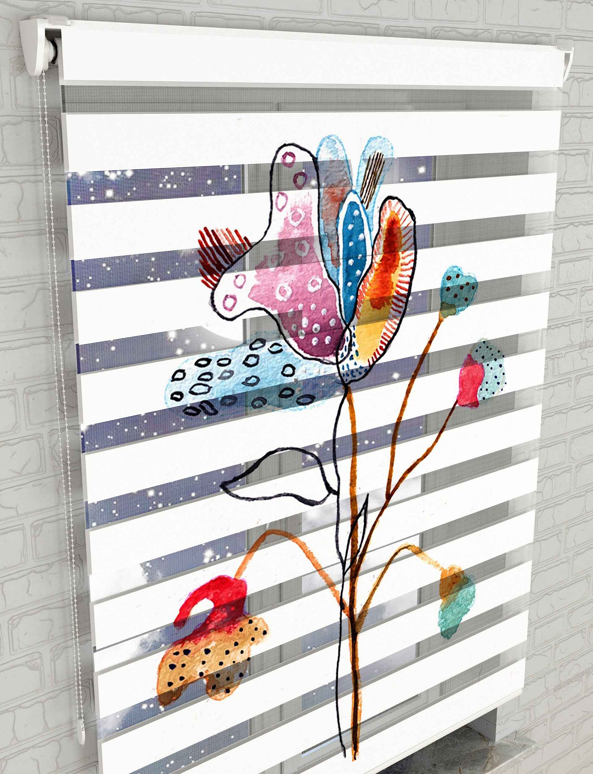 Suluboya Çiçekler Baskılı Zebra Perde - Salon Perdesi, Mutfak Perdesi - AD HOME Tekstil