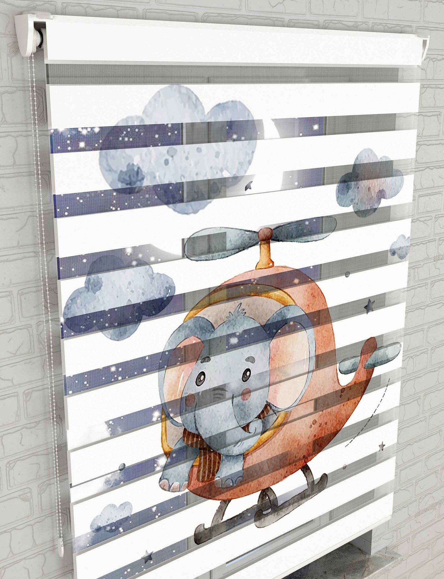Kahverengi Helikopter ve Sevimli Fil Baskılı Zebra Perde - Bebek Odası Perdesi - AD HOME Tekstil