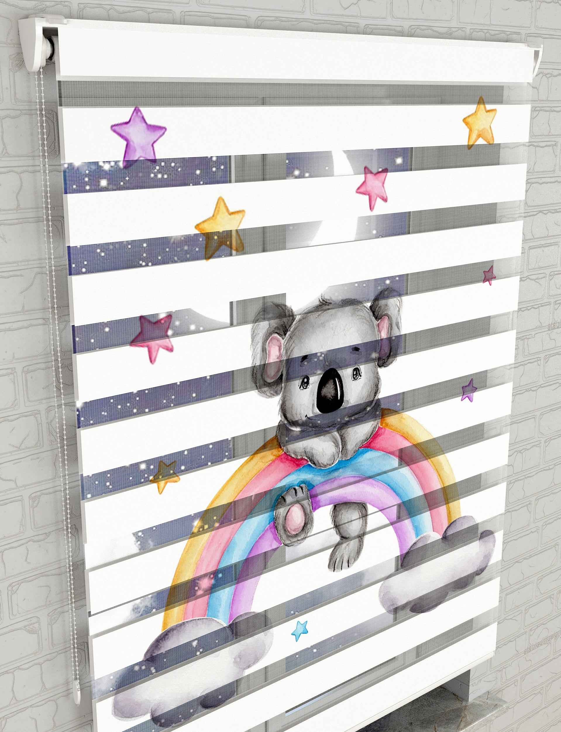 Gökkuşağı ve Sevimli Koala Baskılı Zebra Perde - Bebek Odası Perdesi - AD HOME Tekstil