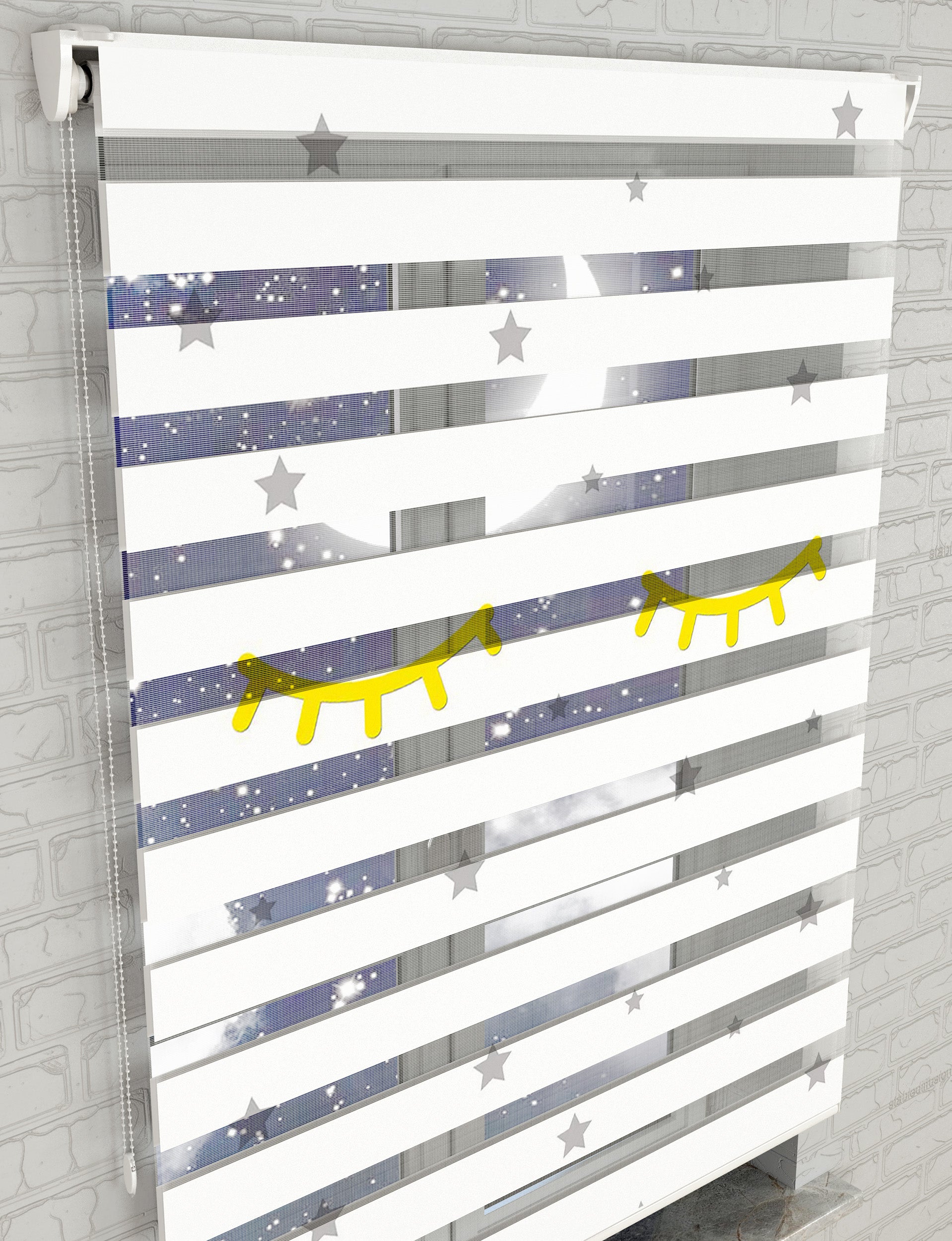 Kirpikler ve Yıldızlar Baskılı Zebra Perde - Bebek Odası Perdesi - AD HOME Tekstil