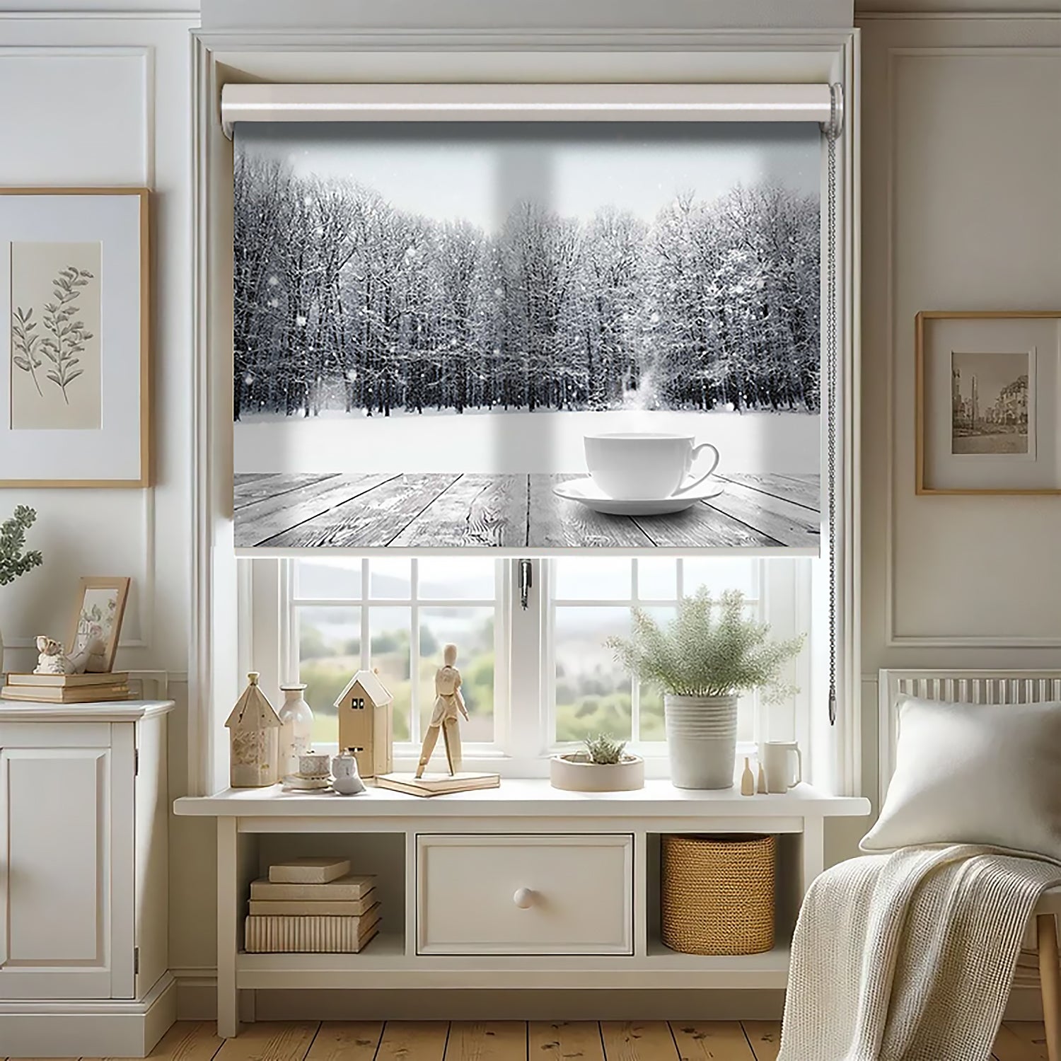 Çay ve Kış Baskılı Stor Perde - Baskılı Güneşlik Perdesi - Mutfak Perdesi - AD HOME Tekstil