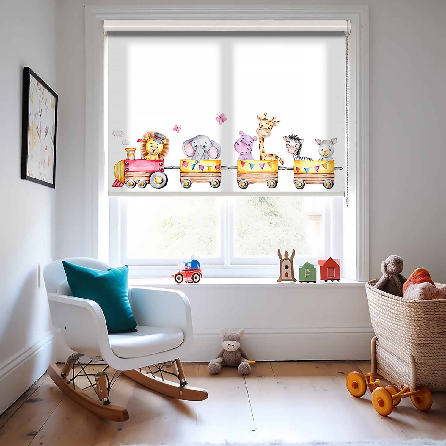Tren ve Sevimli Hayvanlar Baskılı Stor Perde - Güneşlik Perdesi - Bebek Odası Perdesi - AD HOME Tekstil