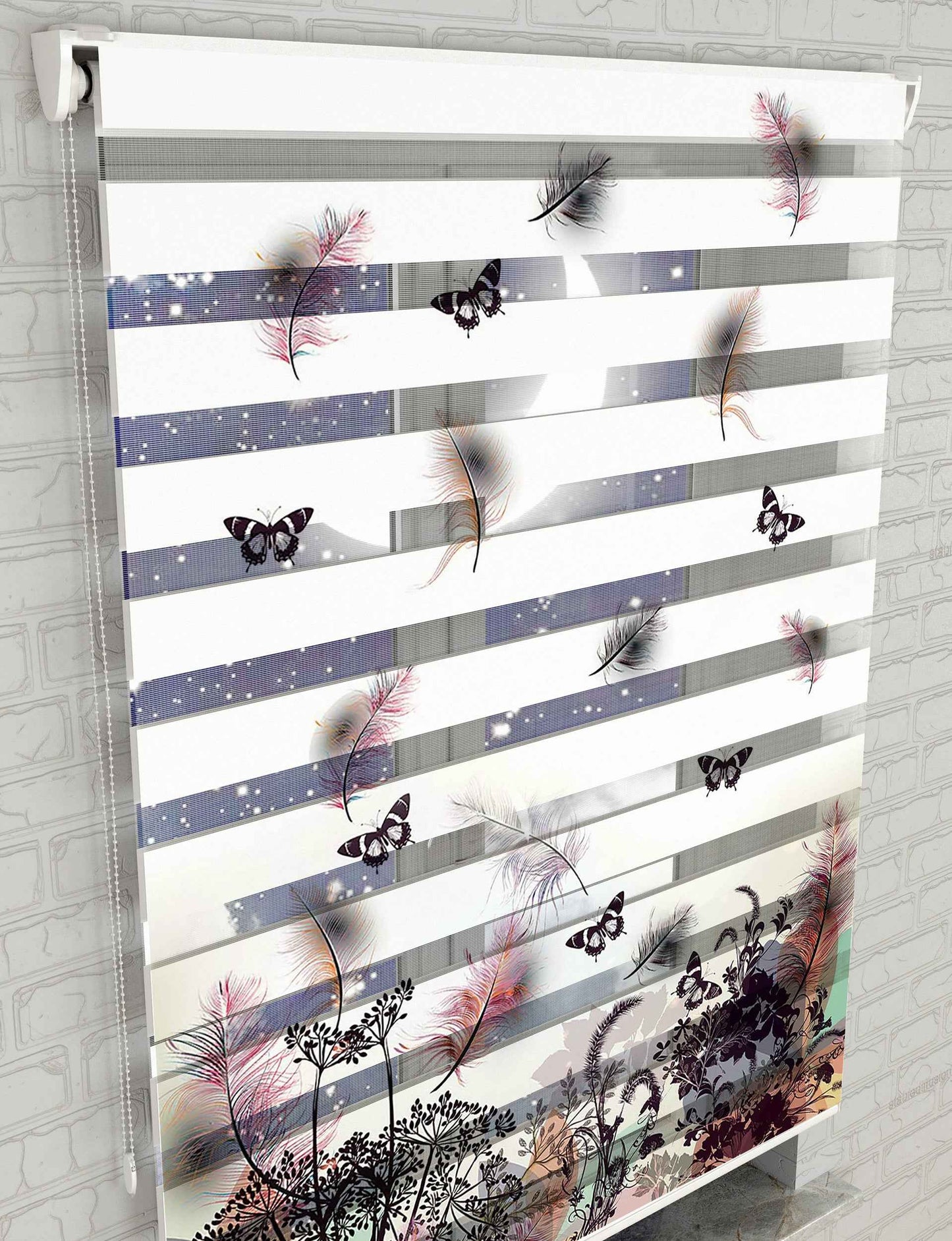 Kelebekler ve Çiçekler Baskılı Zebra Perde - Salon Perdesi - AD HOME Tekstil