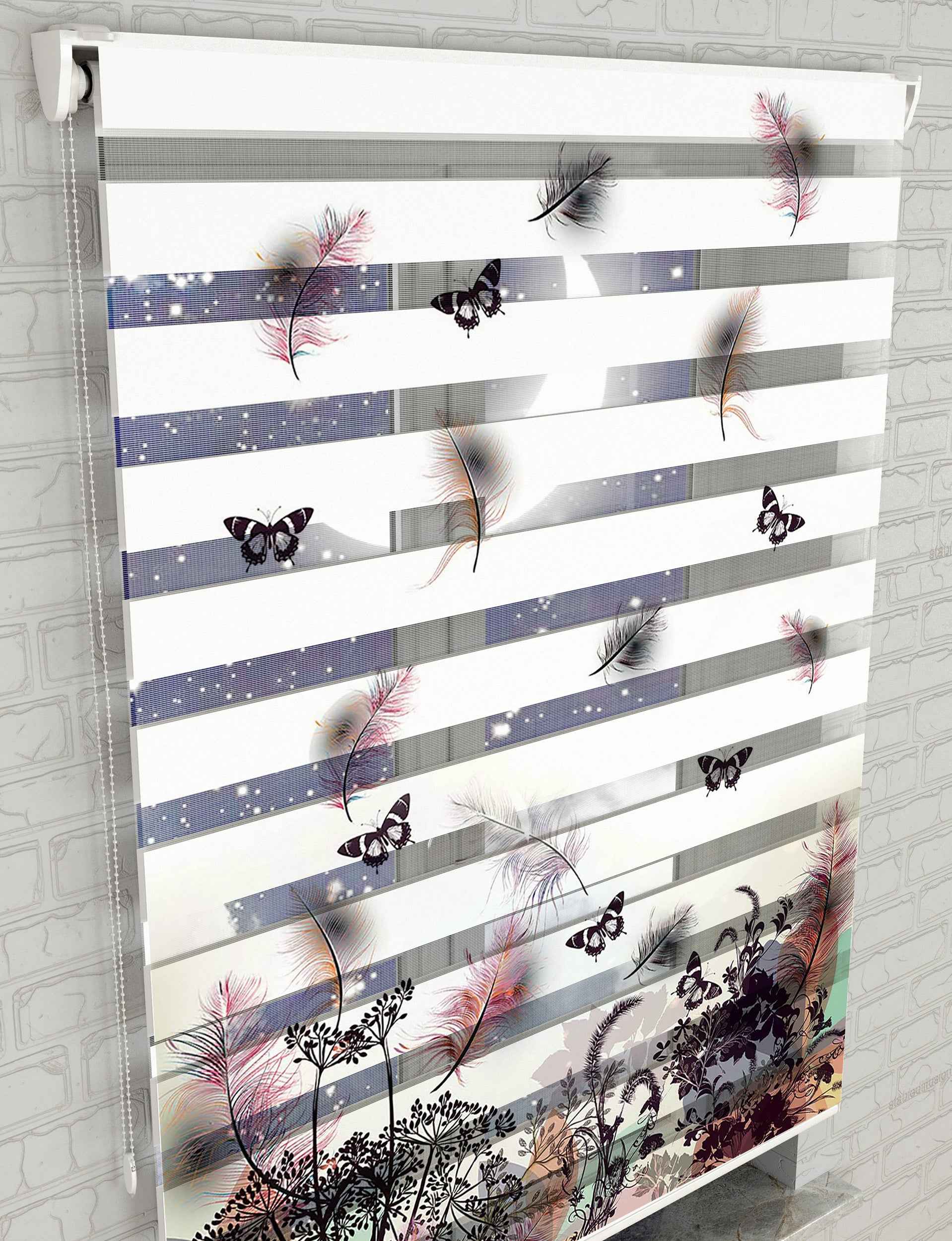 Kelebekler ve Çiçekler Baskılı Zebra Perde - Salon Perdesi - AD HOME Tekstil