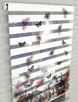 Kelebekler ve Çiçekler Baskılı Zebra Perde - Salon Perdesi - AD HOME Tekstil