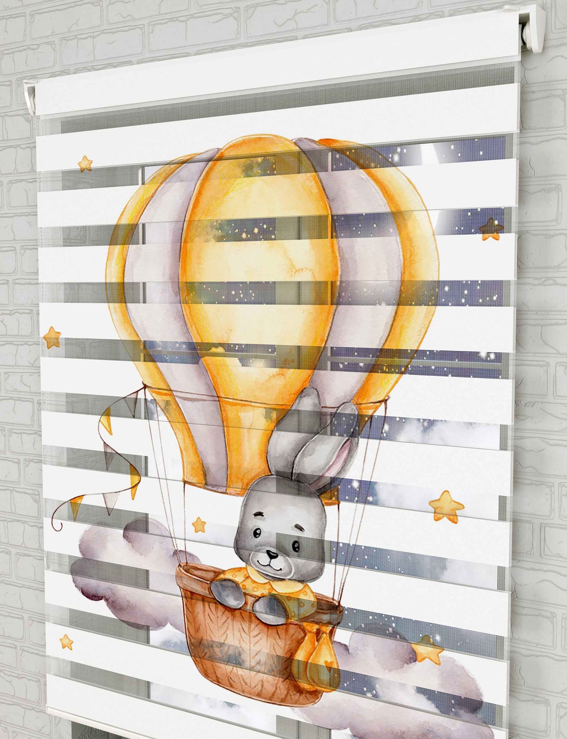 Balon ve Sevimli Tavşan Baskılı Zebra Perde - Bebek Odası Perdesi - AD HOME Tekstil