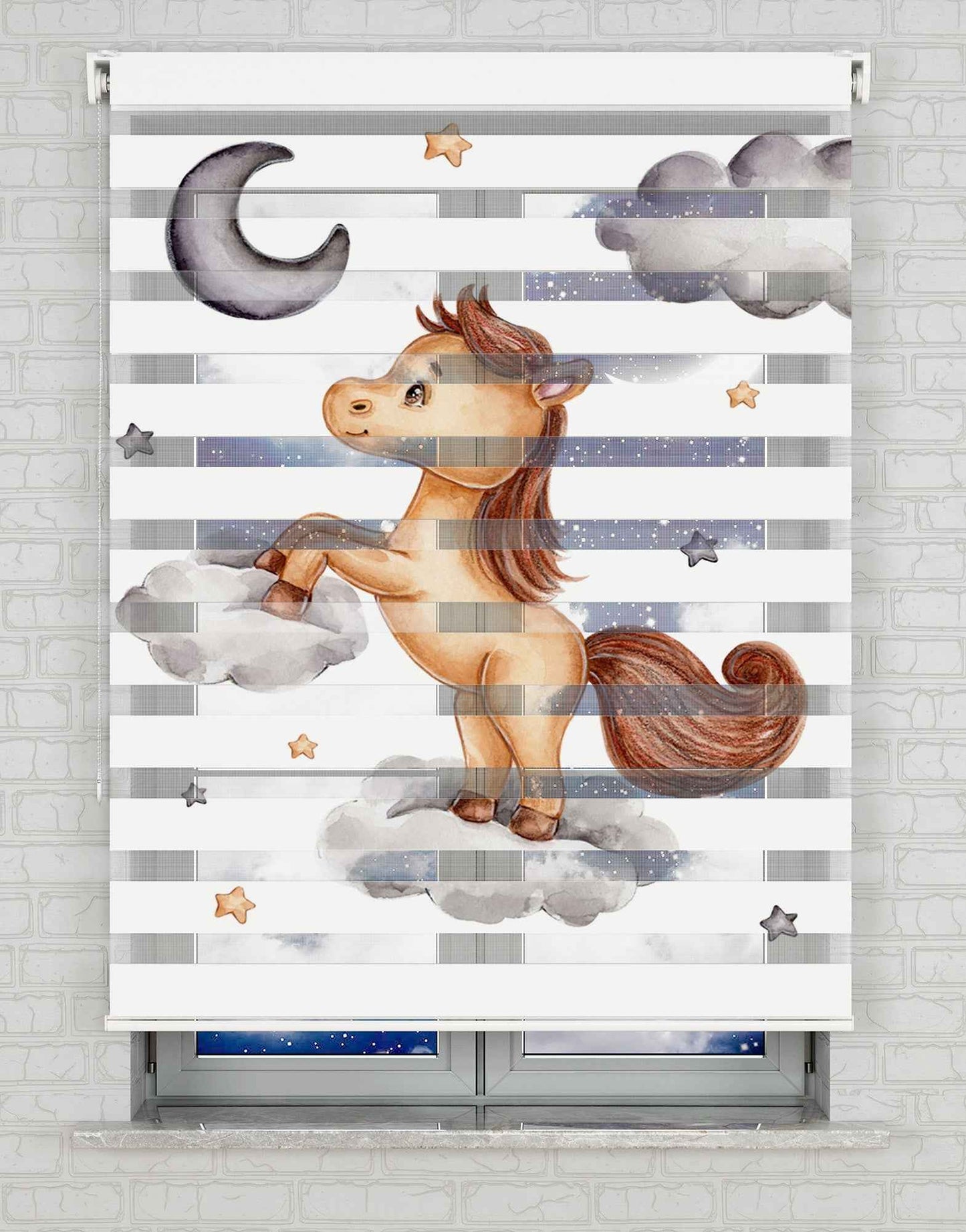 Bulutlar Unicorn Baskılı Zebra Perde - Bebek Odası Perdesi, Çocuk Odası Perdesi