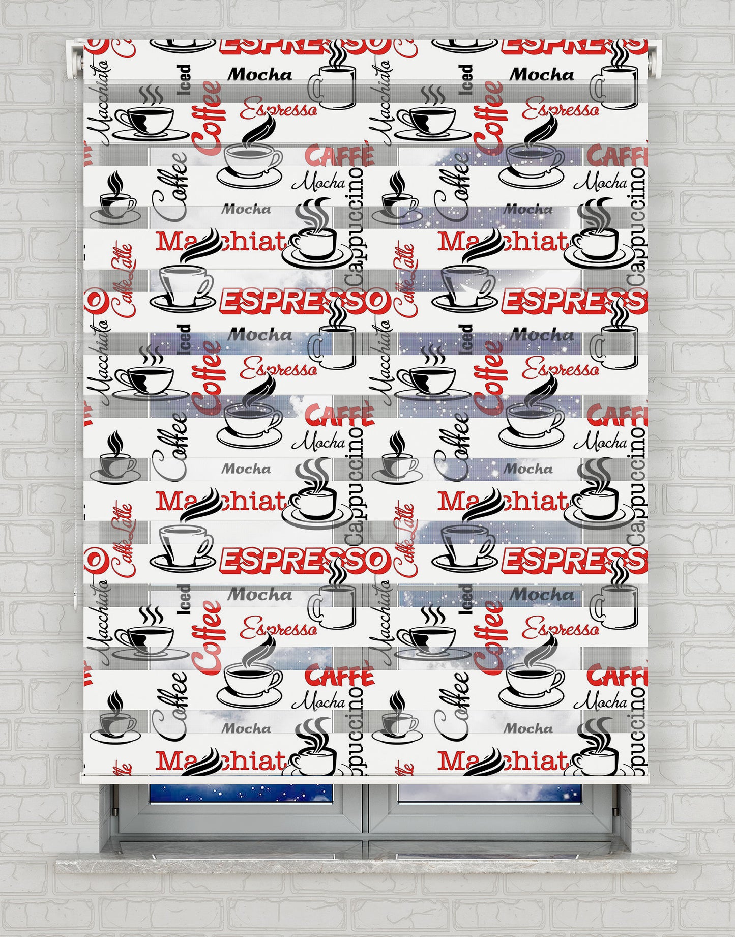 Coffee - Kahve Siyah Kırmızı Baskılı Zebra Perde - Mutfak Perdesi - AD HOME Tekstil