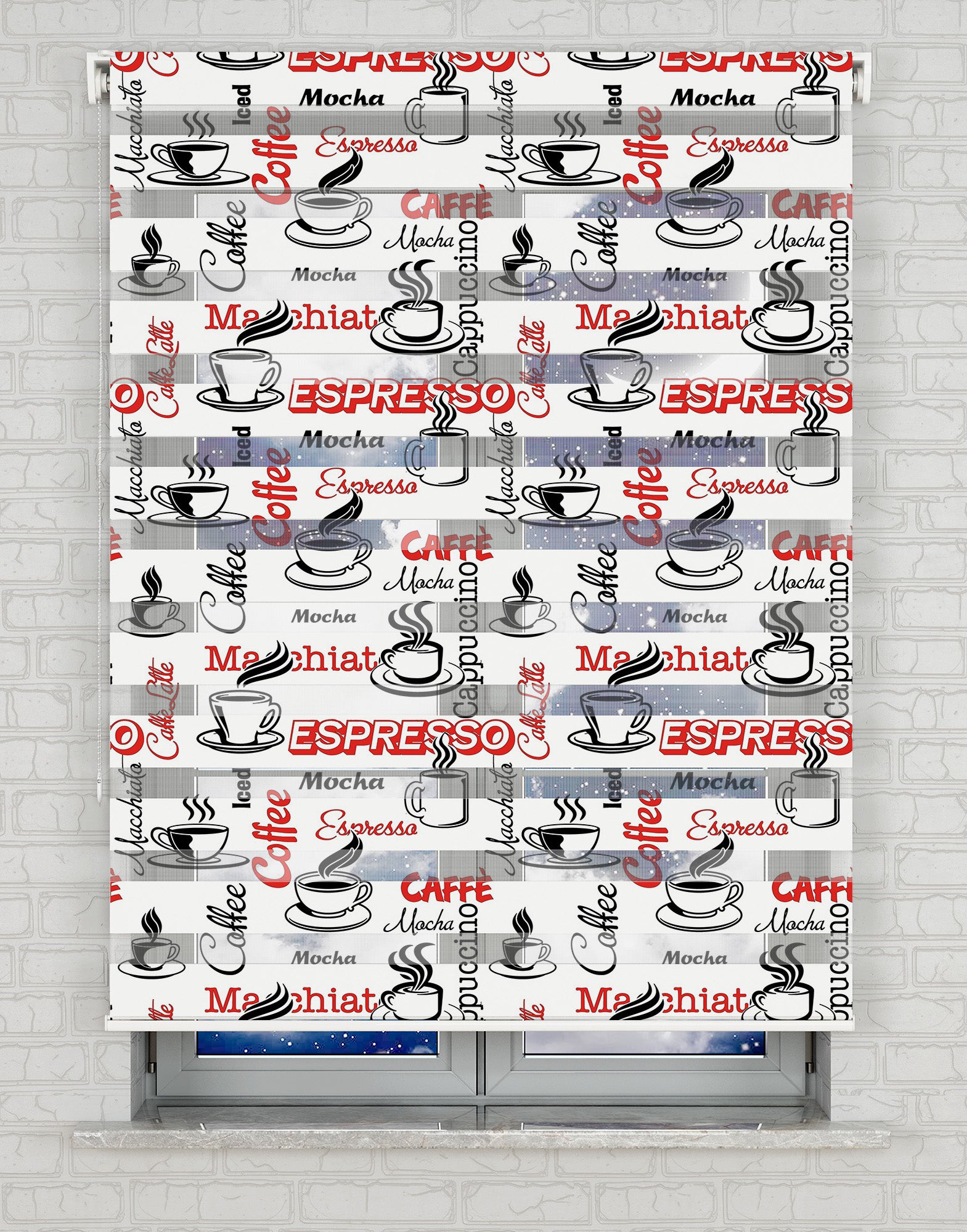 Coffee - Kahve Siyah Kırmızı Baskılı Zebra Perde - Mutfak Perdesi - AD HOME Tekstil