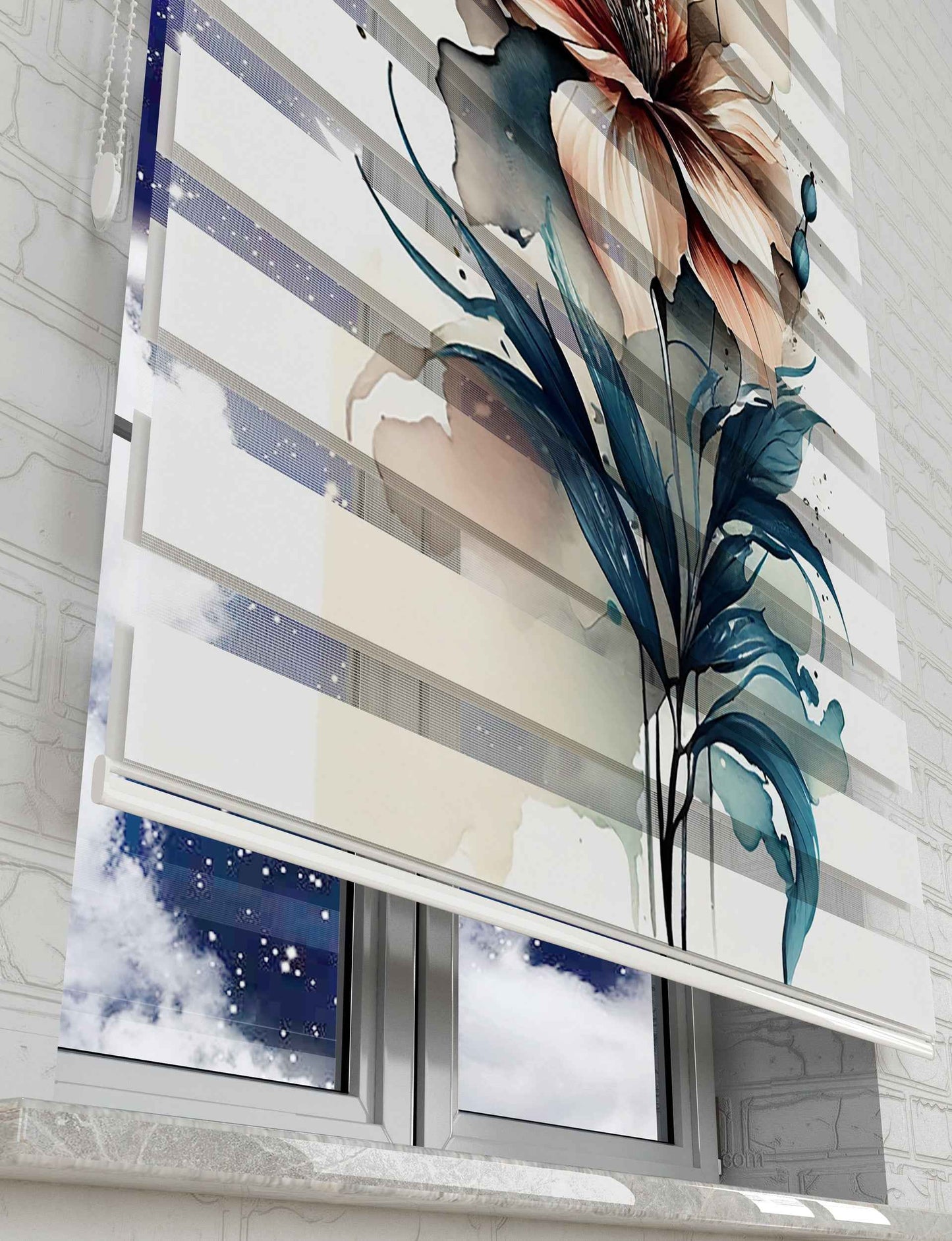Suluboya ve Çiçekler Baskılı Zebra Perde - Salon Perdesi, Mutfak Perdesi - AD HOME Tekstil