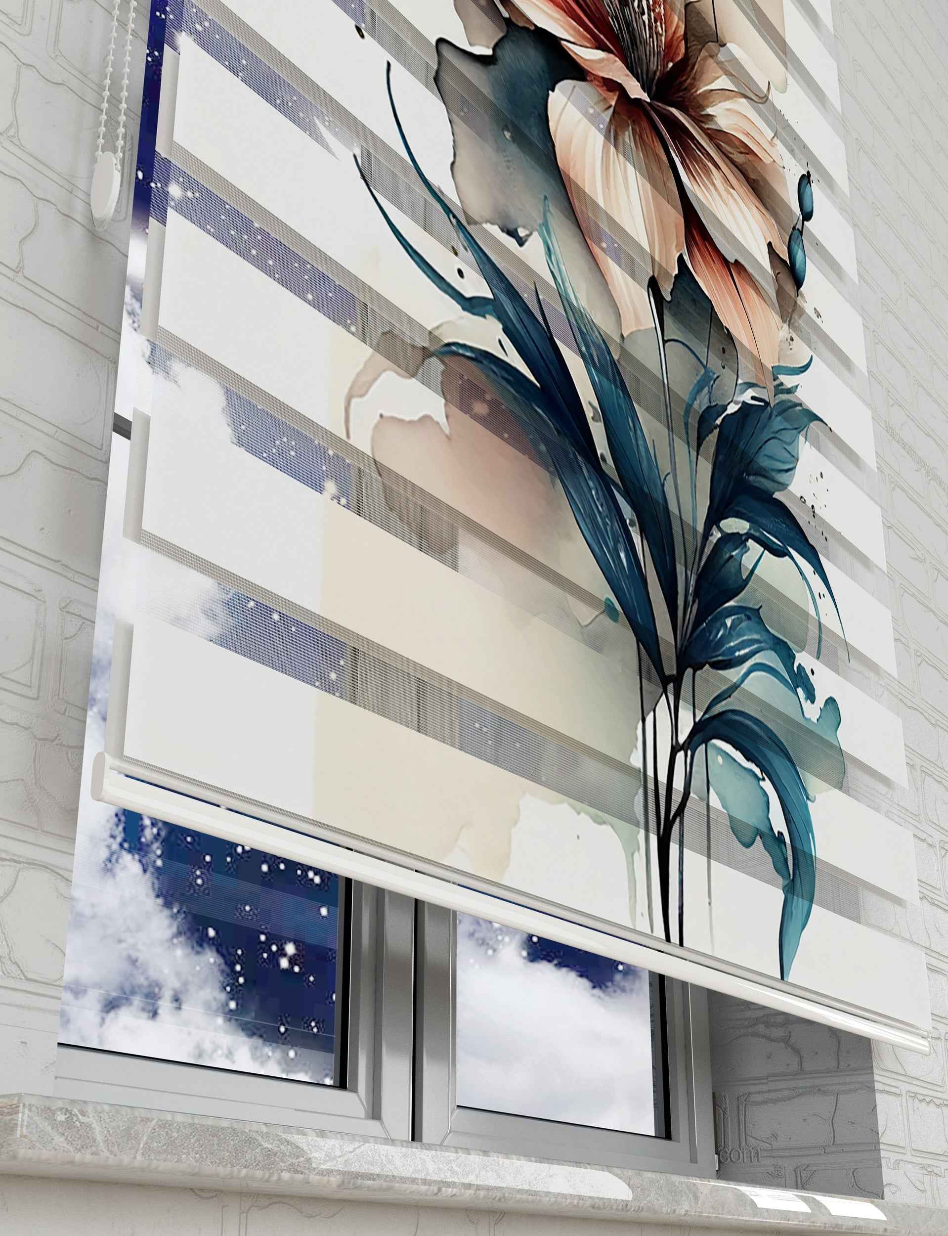 Suluboya ve Çiçekler Baskılı Zebra Perde - Salon Perdesi, Mutfak Perdesi - AD HOME Tekstil