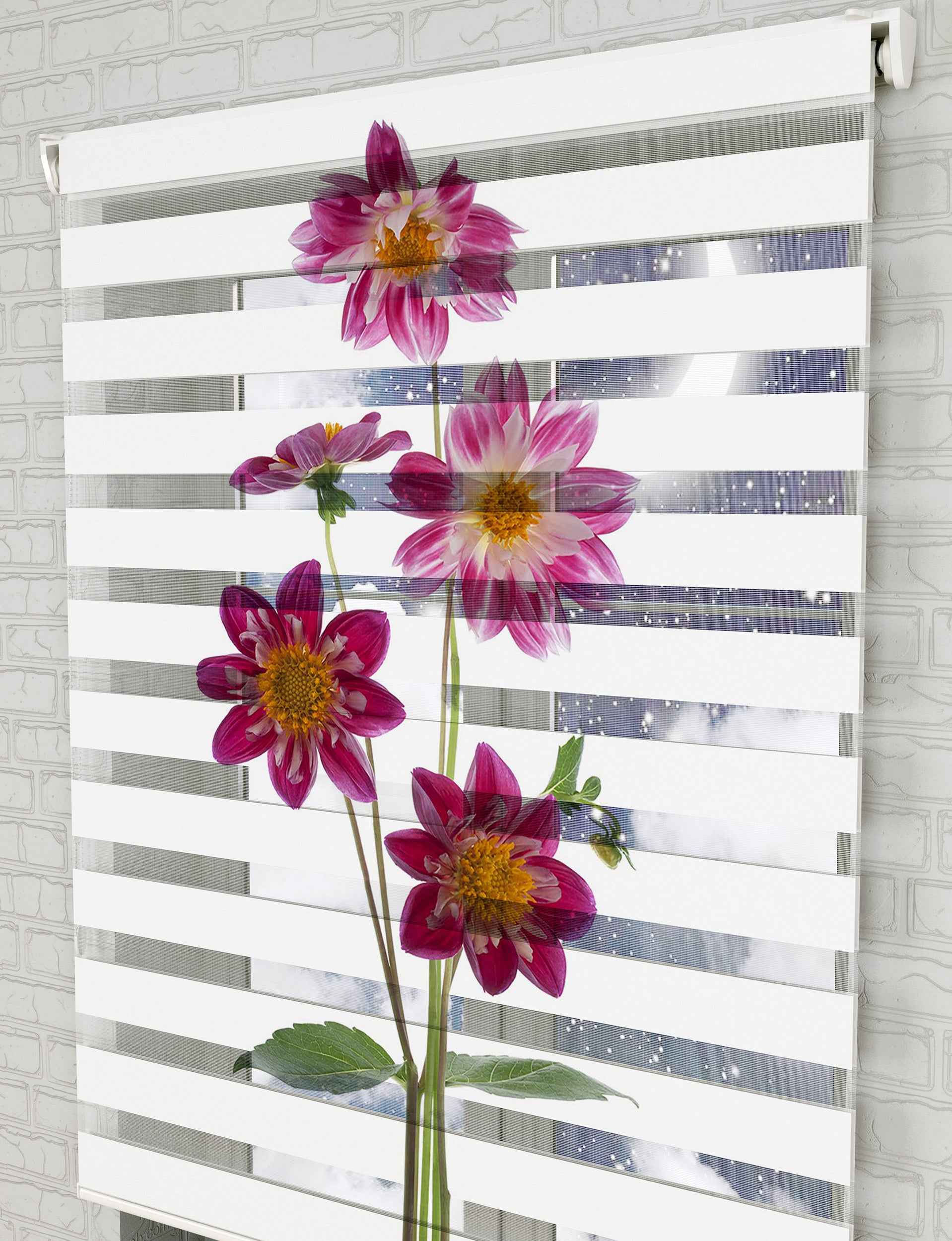 Mor Çiçekler Baskılı Zebra Perde -Mutfak Perdesi - AD HOME Tekstil