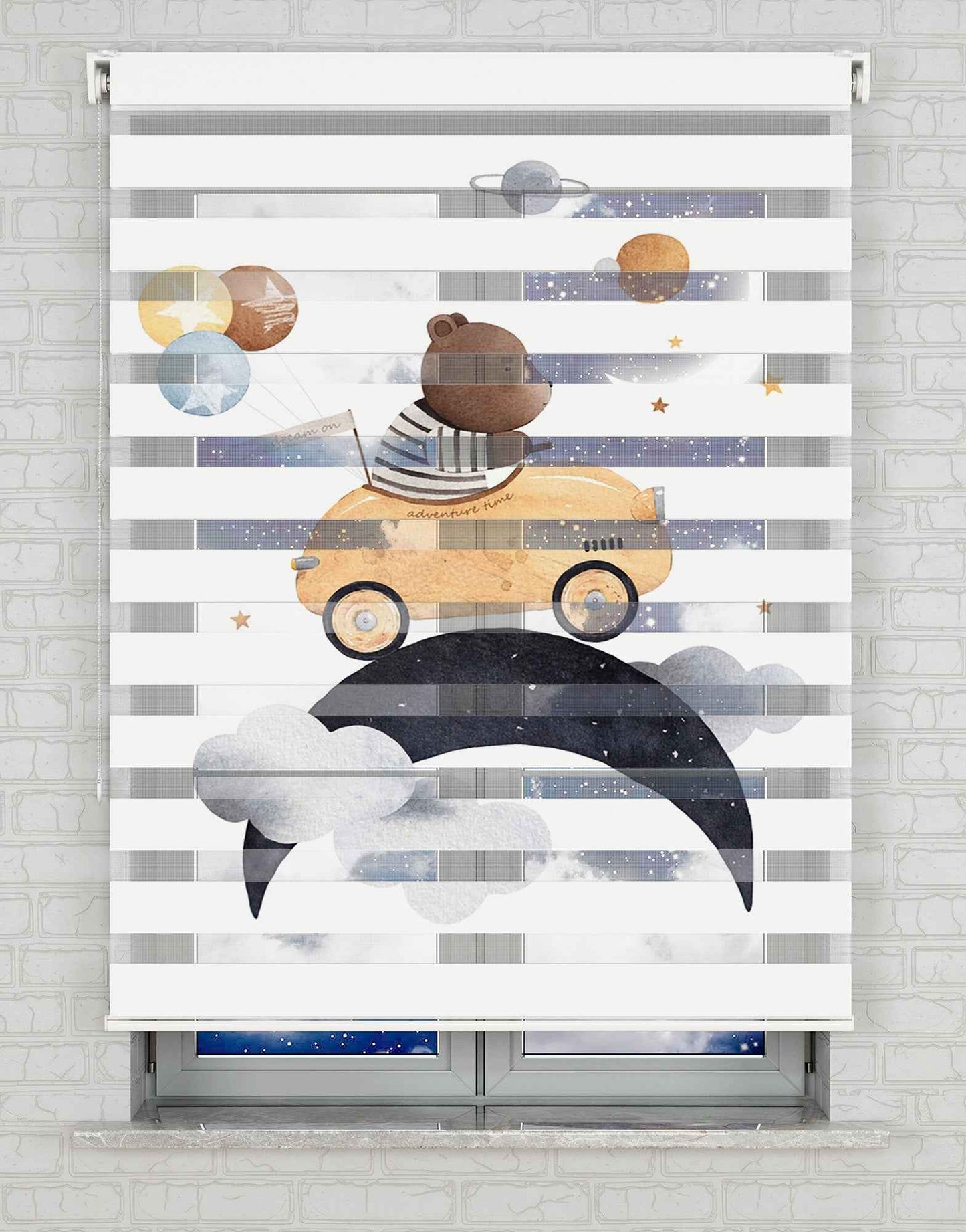 Sevimli Ayıcık Baskılı Zebra Perde - Bebek Odası Perdesi, Erkek Çocuk Odası Perdesi