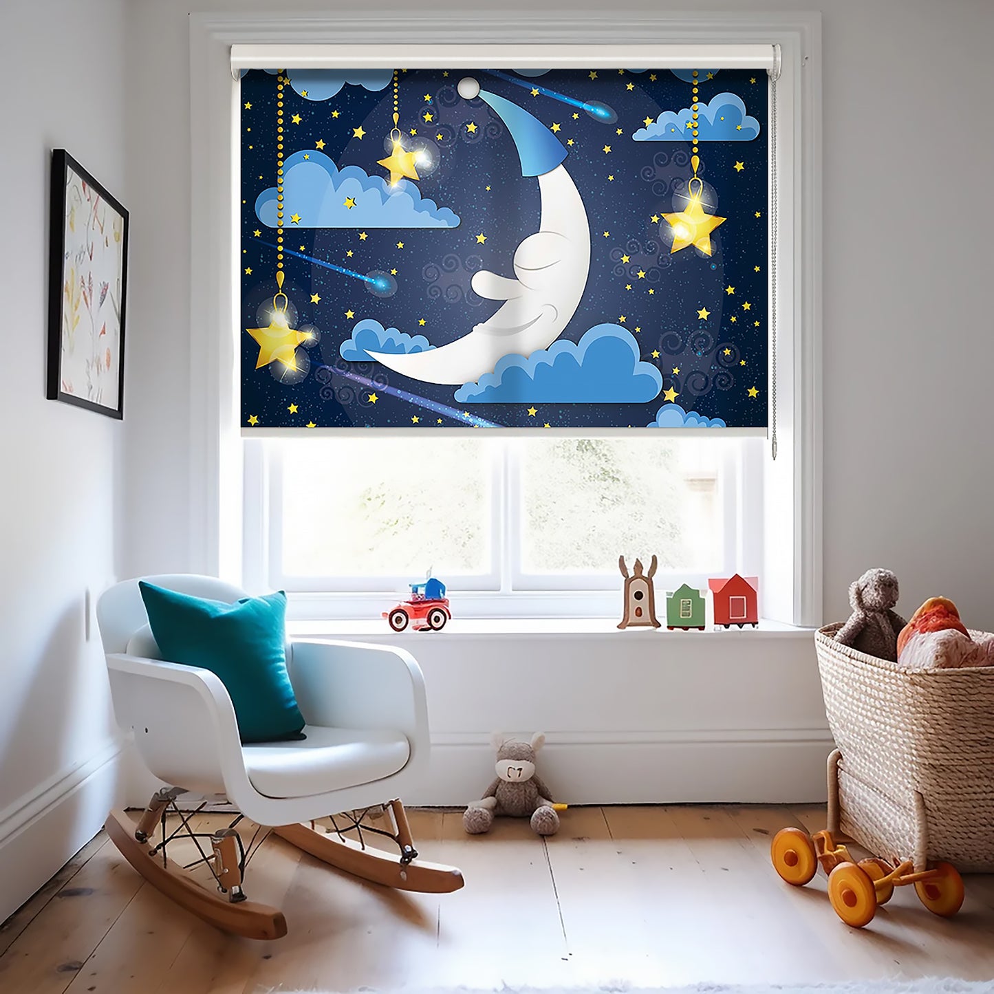 Gece Ay ve Bulutlar Baskılı Stor Perde - Baskılı Güneşlik Perdesi - Bebek Odası Perdesi - AD HOME Tekstil